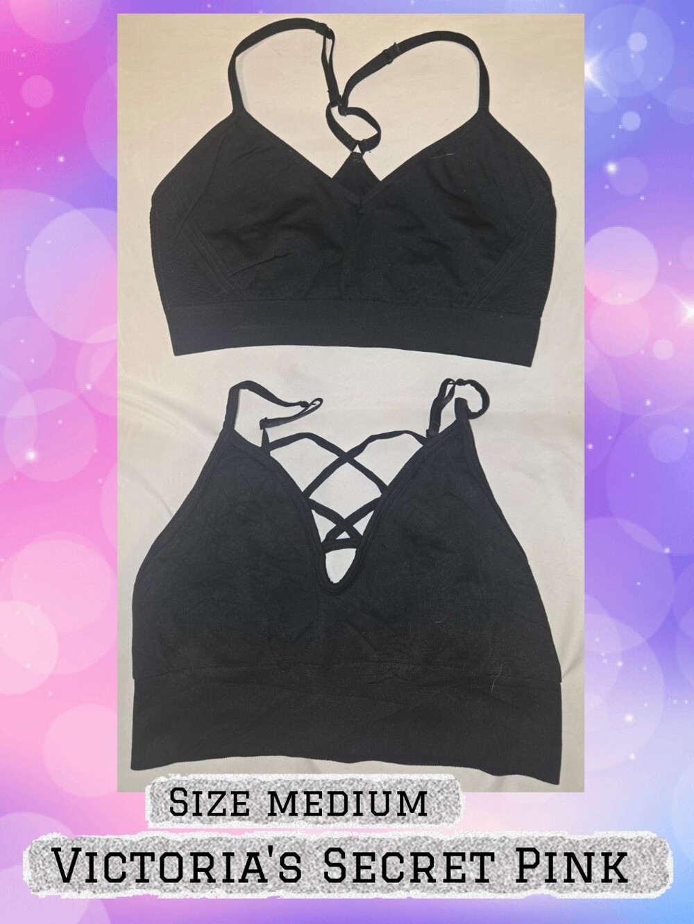 PINK Victoria's Secret Black Strappy Bralettes (Set of 2) Sz M
